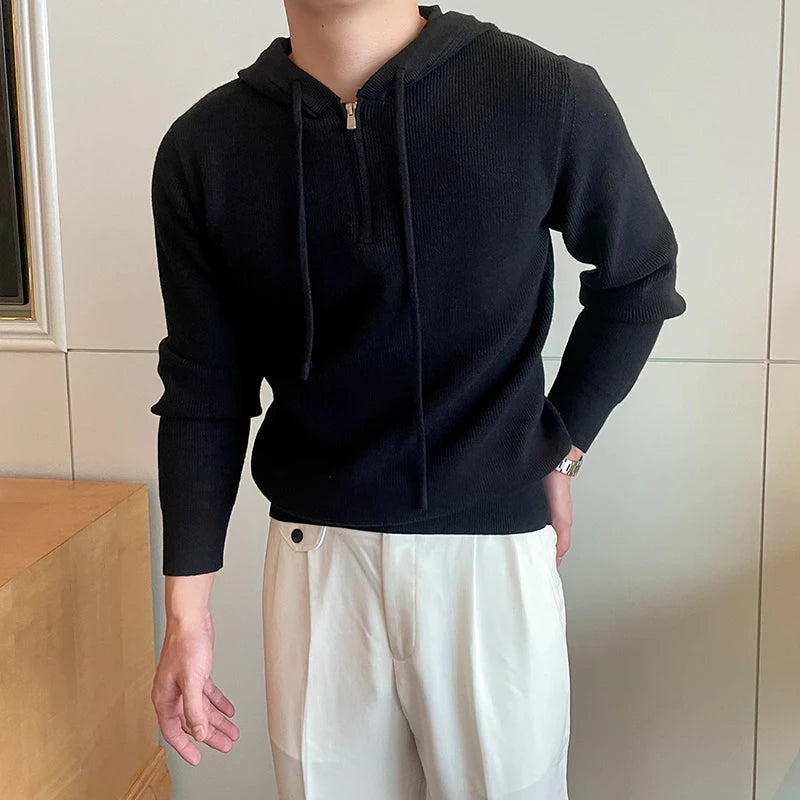 Threebooy  New British Leisure Men's Hooded Sweater Trendy Zip-up Preppy Style Slim-fit Long Sleeve Hoodies Casual Vintage Warmth Knitwear