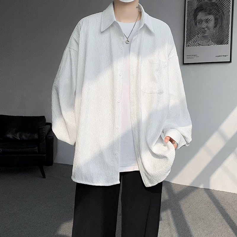 Threebooy High Quality Long Sleeve Ice Silk Shirts Men Loose Daily Casual Single Breasted Popular Streetwear Male Spring Autumn Harajuku