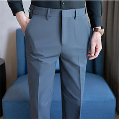 Threebooy Spring Autumn Suit Pants Men Solid Color Fashion Slim Fit Smart Casual Suit Trousers Mens Elastic Waist Korean Full Length Pants