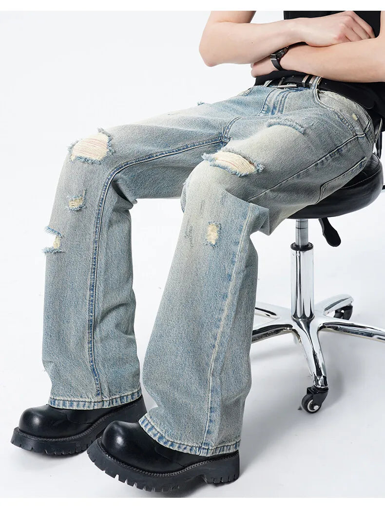 Threebooy Men Straight Leg Vintage Blue Washed Denim Jeans Casual Ripped Distressed Trousers Classic Retro Style Comfortable Streetwear