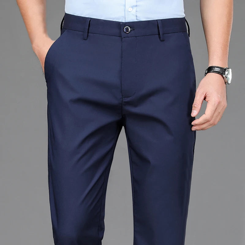 Threebooy  Summer Thin Male Casual Pants Men's Lyocell Breathable Trousers Length Straight Simple Office Black Navy Work Pants