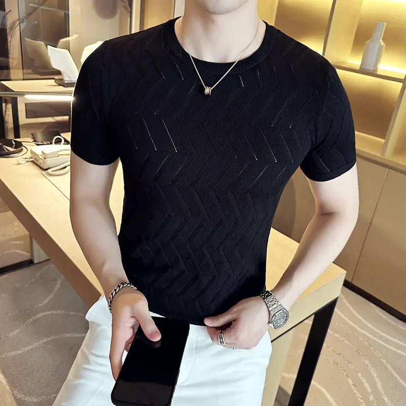 Threebooy  New Men Short Sleeve Breathable Leisure O-neck Slim Fit T-shirts Male Fashion Ice Silk Knitted Tops Size Shirt S-3XL