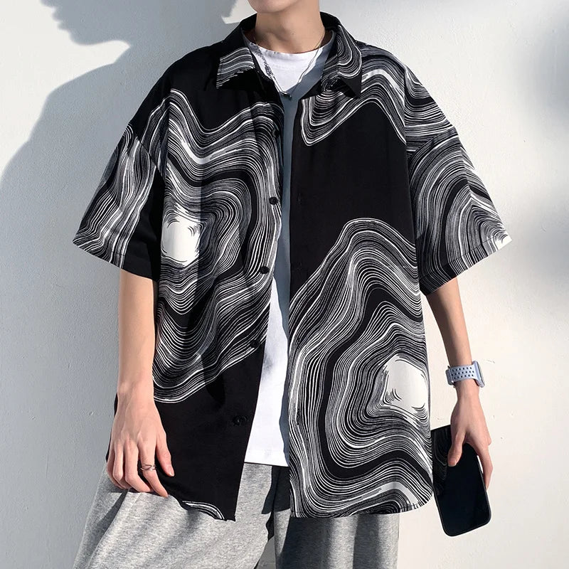 Threebooy  Summer Short Sleeve Shirt Men Fashion Retro Print Shirt Men Loose Black White Ice Silk Shirts Mens Hawaiian Shirt Large Size