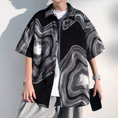 Threebooy  Summer Short Sleeve Shirt Men Fashion Retro Print Shirt Men Loose Black White Ice Silk Shirts Mens Hawaiian Shirt Large Size