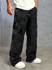Threebooy  Men's Loose Fit Washed Denim Cargo Pants with Large Pockets, Street Style Casual Jeans Suitable for Casual Wear