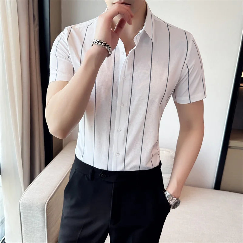 Threebooy Business Plaid Shirt Male Social Formal Work Pure Color Casual Short Sleeve Shirt Men Slim Fit Men's White Dress Shirt S-4XL