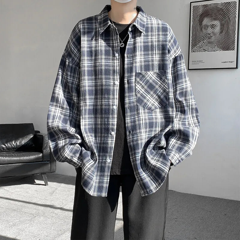 Threebooy Spring Long Sleeved Shirt Men Fashion Retro Plaid Shirt Men Streetwear Loose Casual Shirt Mens Vintage Shirts Plus Size 5XL