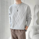 Threebooy  Men Round Collar Sweater Autumn Winter Warm Casual Slim Fit Pullovers Homme Thickened Plaid Jacquard Sweater