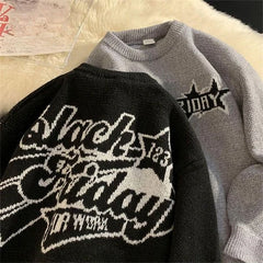 Threebooy Retro Embroidery Sweater Men Women Autumn Winter Thick American Vintage Letter Pullover High Street Loose Knit Sweater Jacket