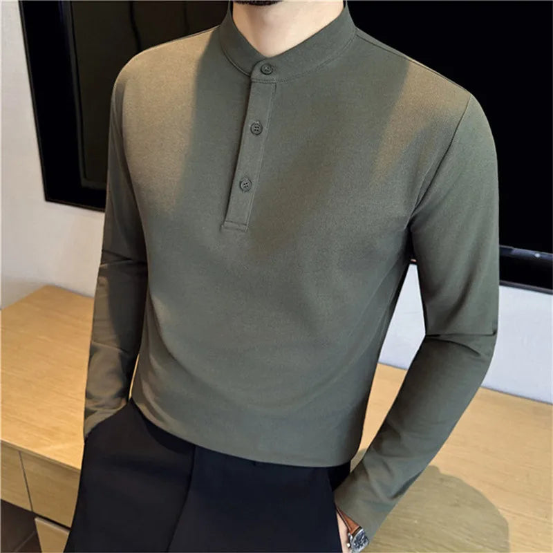 Threebooy Spring Autumn Henry Collar Polo Shirts Men Solid Color SLim Fit Casual Polos Mens Basics Breathable Daily Fashion Pullover Tops