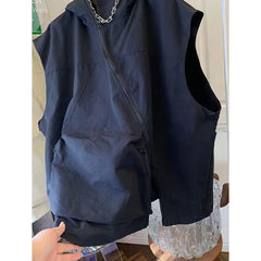 Threebooy  Design-sleeved Hooded Vest Sweatshirt for Men Women 2025 Loose Retro Casual Sports Jacket Asymmetrical Zippered Large Pocket Top