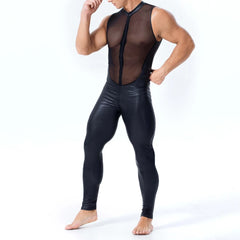 Threebooy Mens Undershirts Mesh PU Leather See Through Vest Bodysuits Leotard Stage Dance Nightclub Long Pants LGBT Sexy Lingerie Jumpsuit