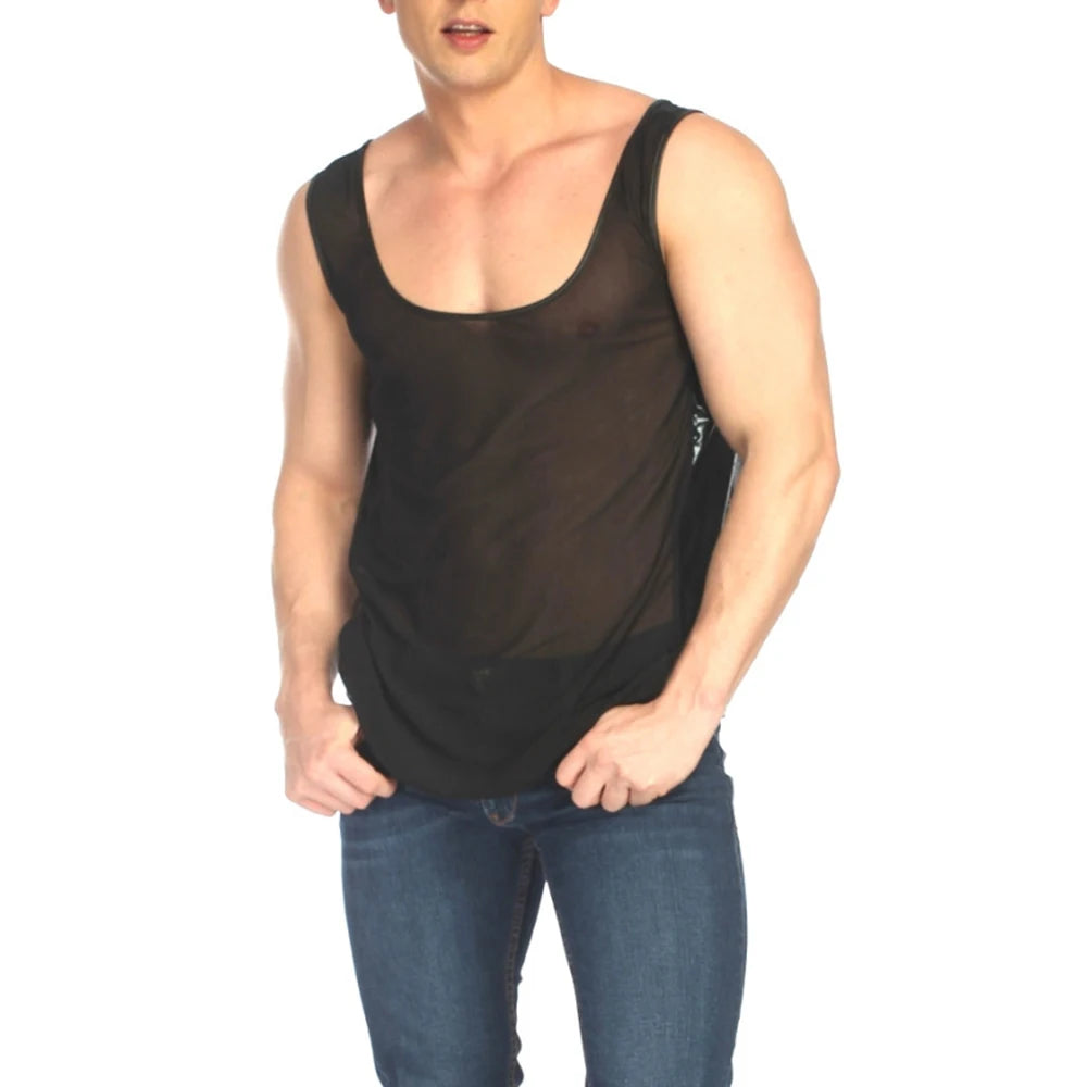 Threebooy Men Erotic Sexy See-Through Mesh Splicing Vest 2024 New Genderless Nightclub Personalized Slim Stage Performance Clothing Unisex