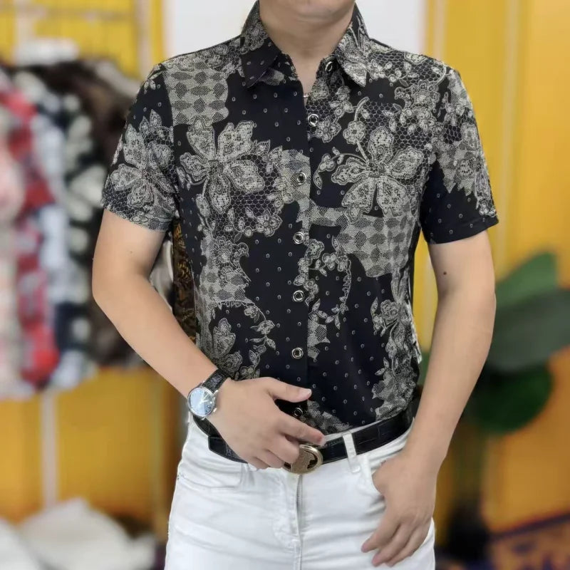Threebooy  Fashion Retro Printed Men's Shirt Summer Short Sleeve Casual Business Ice Silk Breathable Shirt Versatile Men Clothing