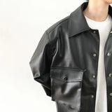 Threebooy Black Short Leather Jacket Men Oversized Pocket Motorcycle Jackets Mens Streetwear Hip-hop Loose Bomber Jacket Men Korean Coat