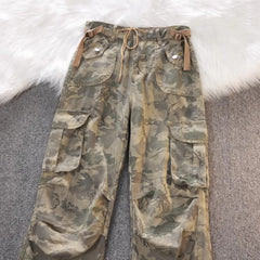 Threebooy Gothic Harajuku American Camouflage Drawstring Casual Trousers Leaf Pattern High Street Hip Hop Y2k Straight Leg Wide Leg Pants