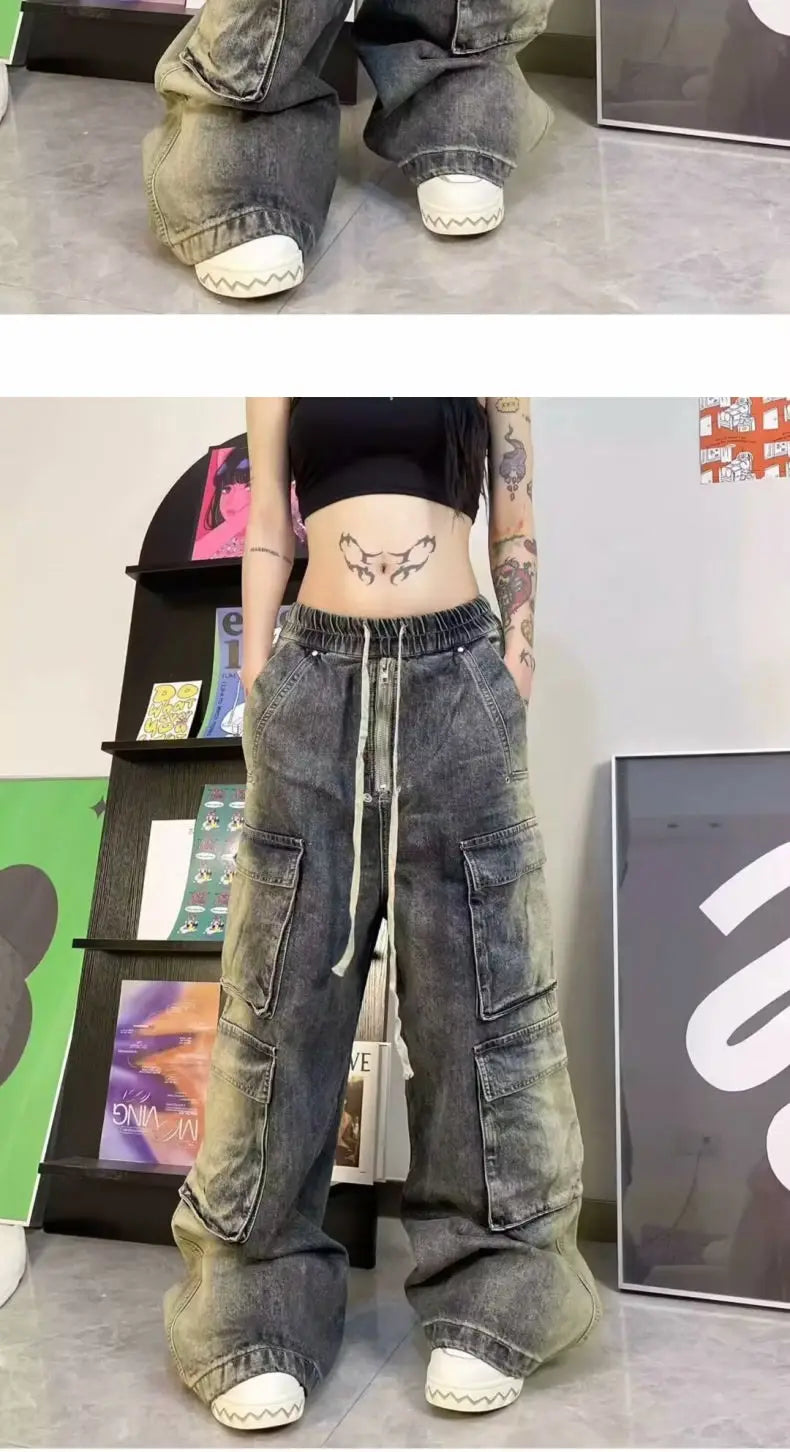 Threebooy Street men and women trendy and personalized hip-hop straight leg washed gradient jeans for couples loose casual Harajuku pants