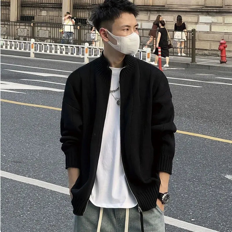 Threebooy Autumn KPOP Fashion Style Harajuku Slim Fit Outerwear Loose Casual All Match Knitwear Cardigan Solid Zipper Long Sleeve Sweaters