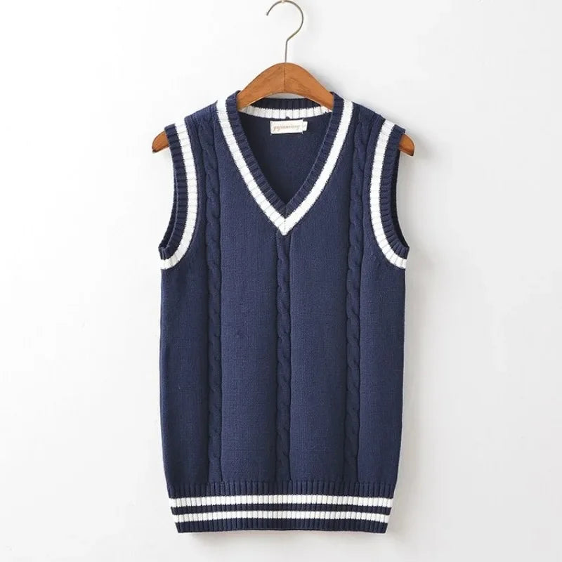Threebooy Striped White Knitted Sweaters for Men Blue Sleeveless Man Clothes V Neck Vest Red Waistcoat Jumpers Sweat-shirt Cigaret Cotton