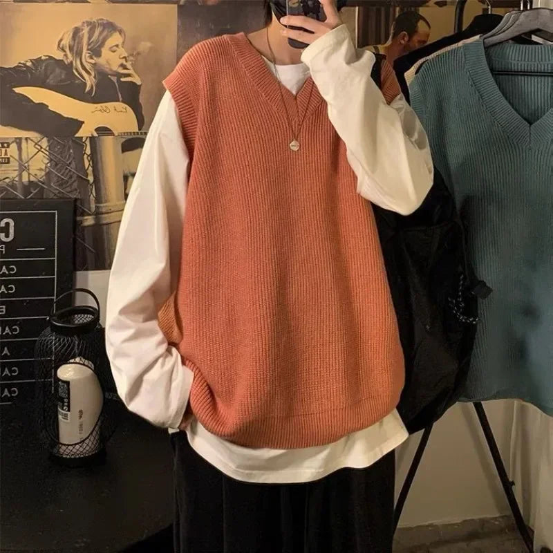 Threebooy Knit Sweater Male Sleeveless Men's Clothing Plain Solid Color Waistcoat Vest V Neck Blue Plus Size Street Korean Fashion Jumpers