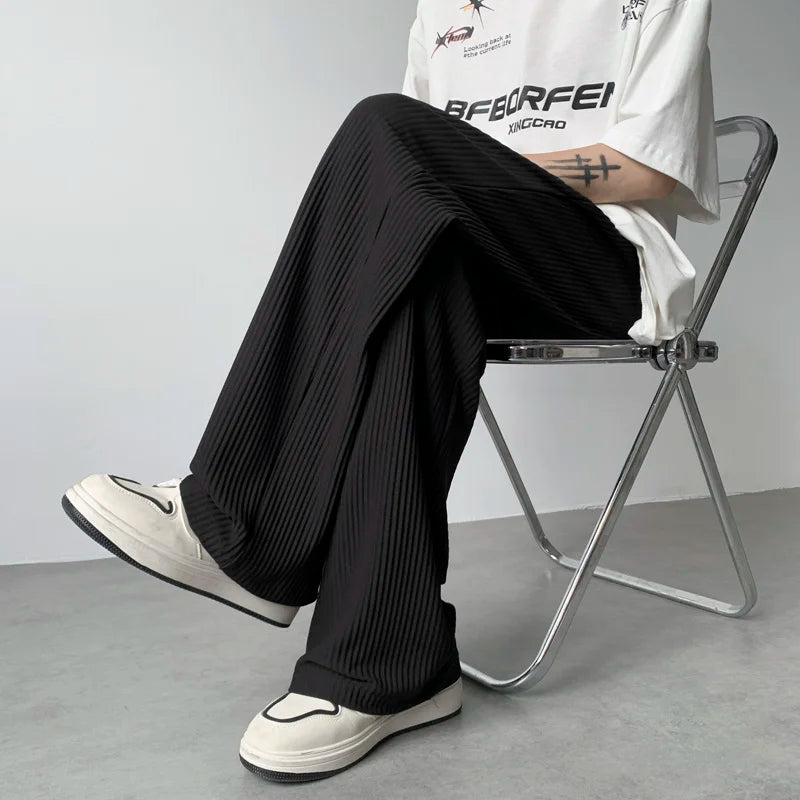 Threebooy  Summer Pleated Pants Men Fashion Oversized Ice Silk Pants Men Japanese Streetwear Hip-hop Loose Straight Pants Mens Trousers