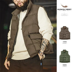 Threebooy Men's 90% White Duck Down Waistcoat Casual Light Warm Stand-up Collar Vest Autumn Amekaji Oversize Thick Vest Jacket