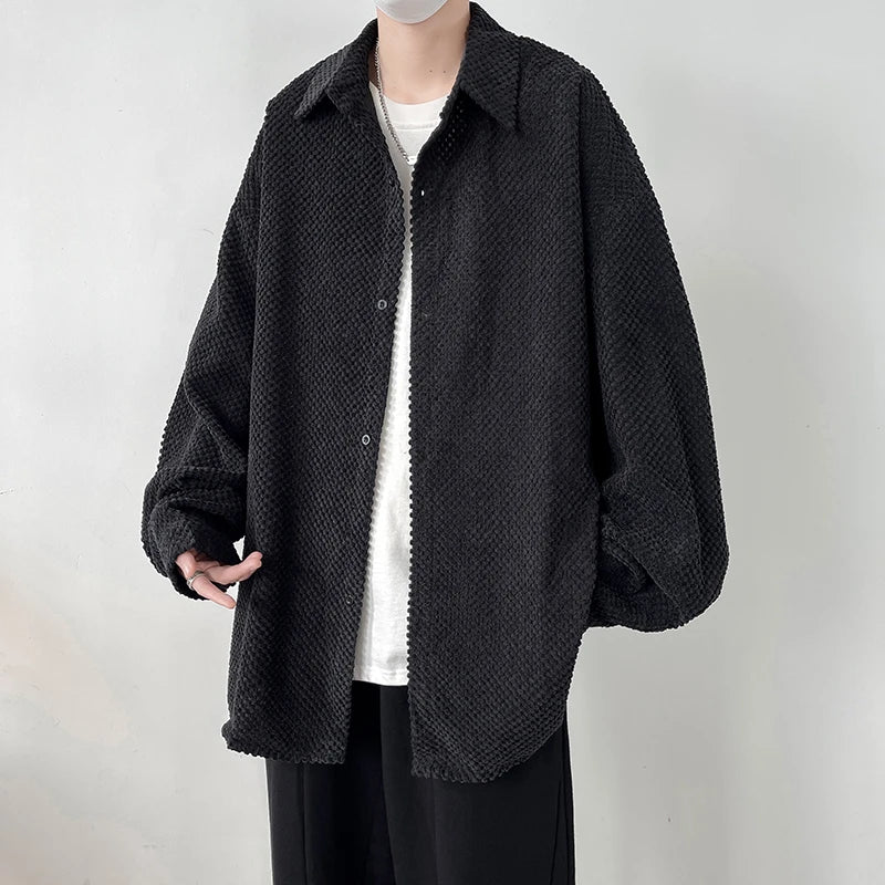 Threebooy Pineapple Velvet Men's Casual Long Sleeve Button Shirt Coat Outwear Autumn Turn Down Collar Oversize Shirts Red/Black/Dark Gray