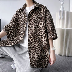 Threebooy Brown/Gray Leopard Printed Shirt Men Loose Breathable Men's Shirts Summer Male Shirt High Street Casual Short Sleeve Tops