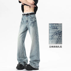 Threebooy  New Bootcut Jeans men Vintage Washed Distressed Wrinkle Crinkle Design Comfort Women Men Fashion Denim man Trousers
