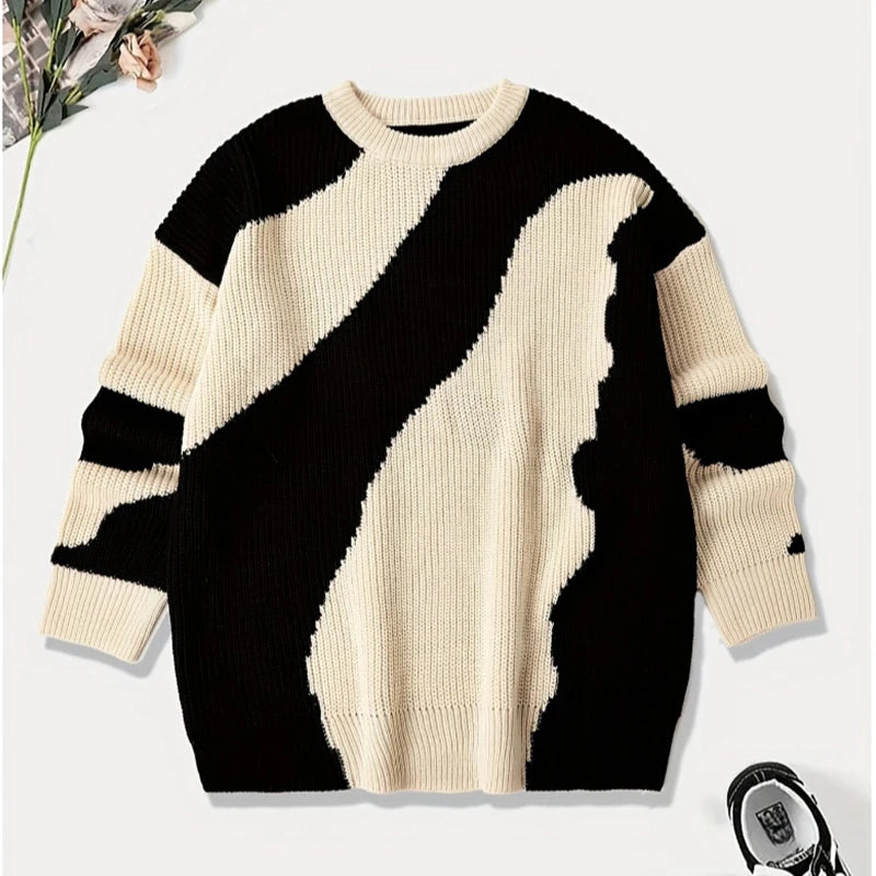 Threebooy  New Japanese Trendy Men Sweater High Street Patchwork Knitted O Neck Long Sleeve Pullover Casual Loose Premium Quality Knitwear