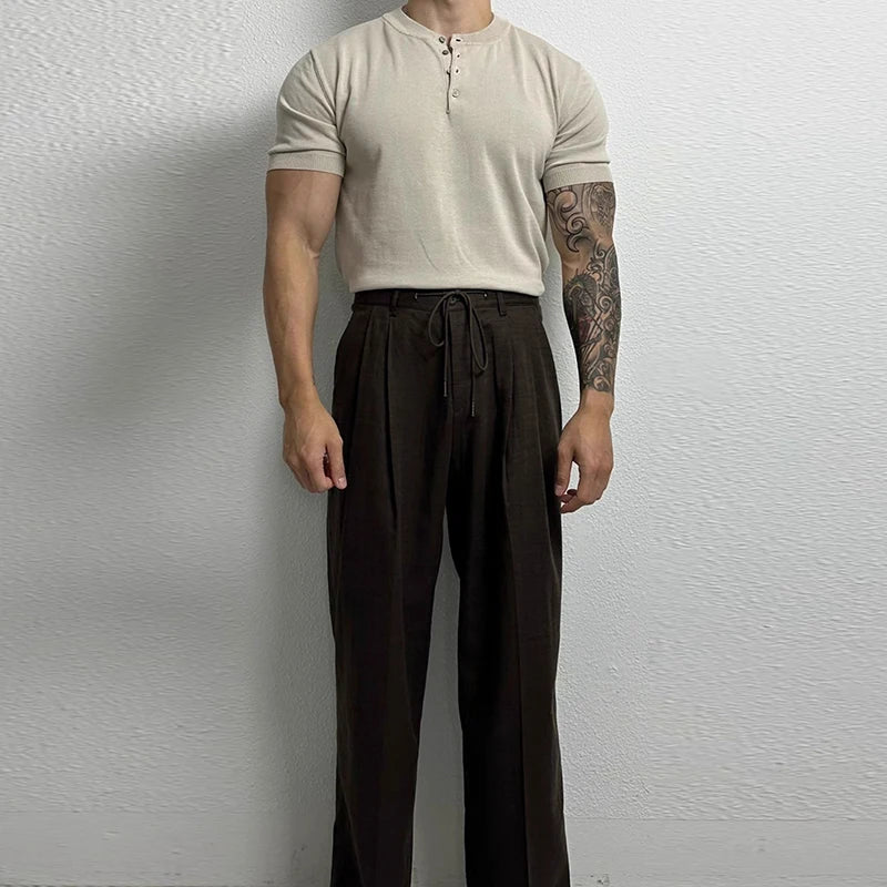Threebooy  New Fashion Men Henry Collar T-Shirt Leisure Luxury Knit Short Sleeve Tops Korean Style Summer Stretchy Breathable Fitness Tees