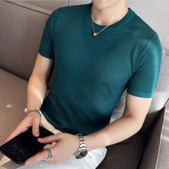 Threebooy  Korean Style Men's Summer Casual Short Sleeve Knitted T-shirt/Male Ice Silk Hollow Out Round Neck T-shirt S-3XL