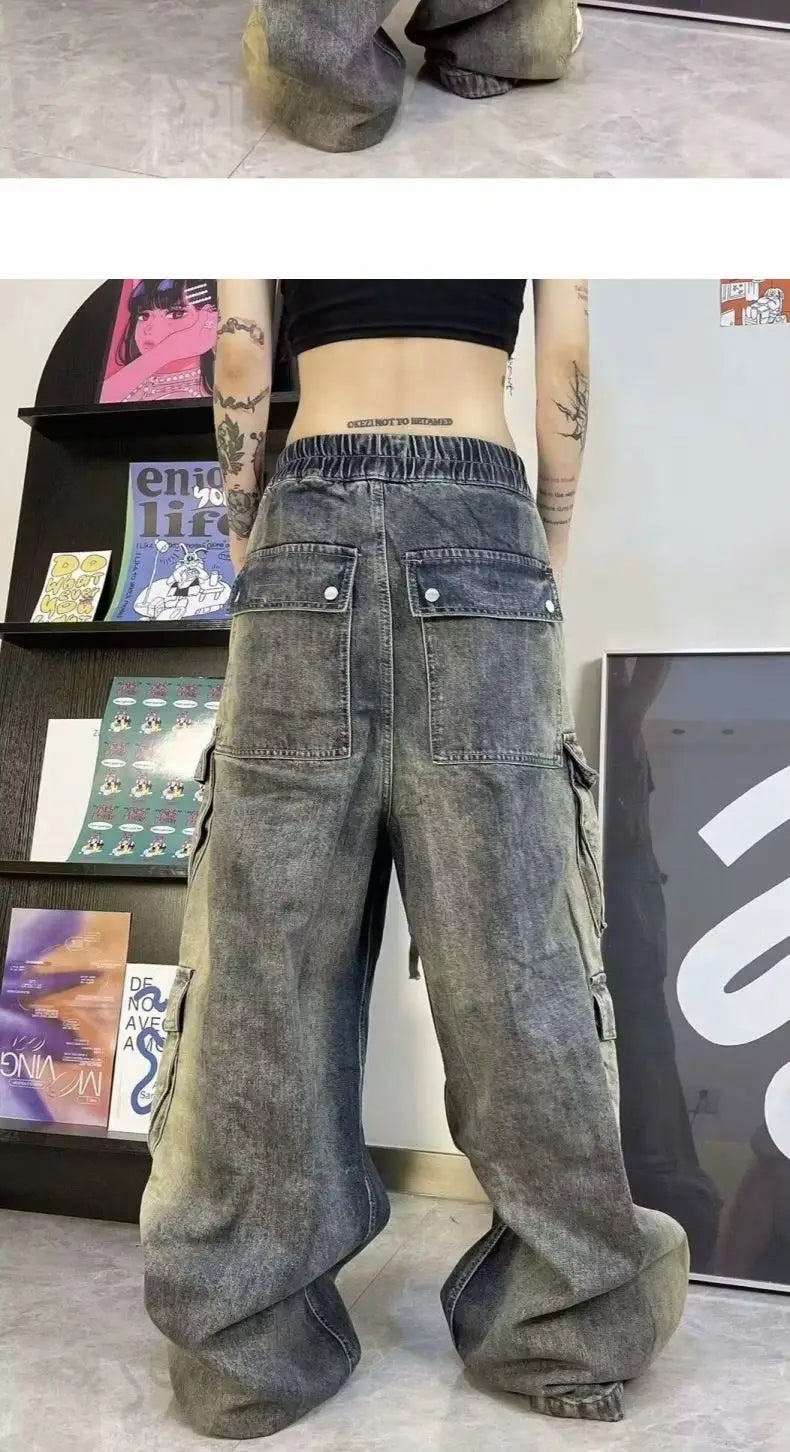 Threebooy Street men and women trendy and personalized hip-hop straight leg washed gradient jeans for couples loose casual Harajuku pants