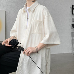 Threebooy Wine Red Side Buttons Pleated Shirt Black Apricot Harajuku Button Up Korean Short Sleeve Aesthetic Male Shirts Men Blouse