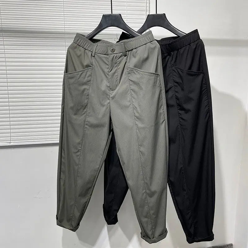 Threebooy Summer Ice Silk Trouswers Quick-drying Casual Ankle Length Pants Harajuku Style Simple Slightly Collapsed Black Work Harem Pants
