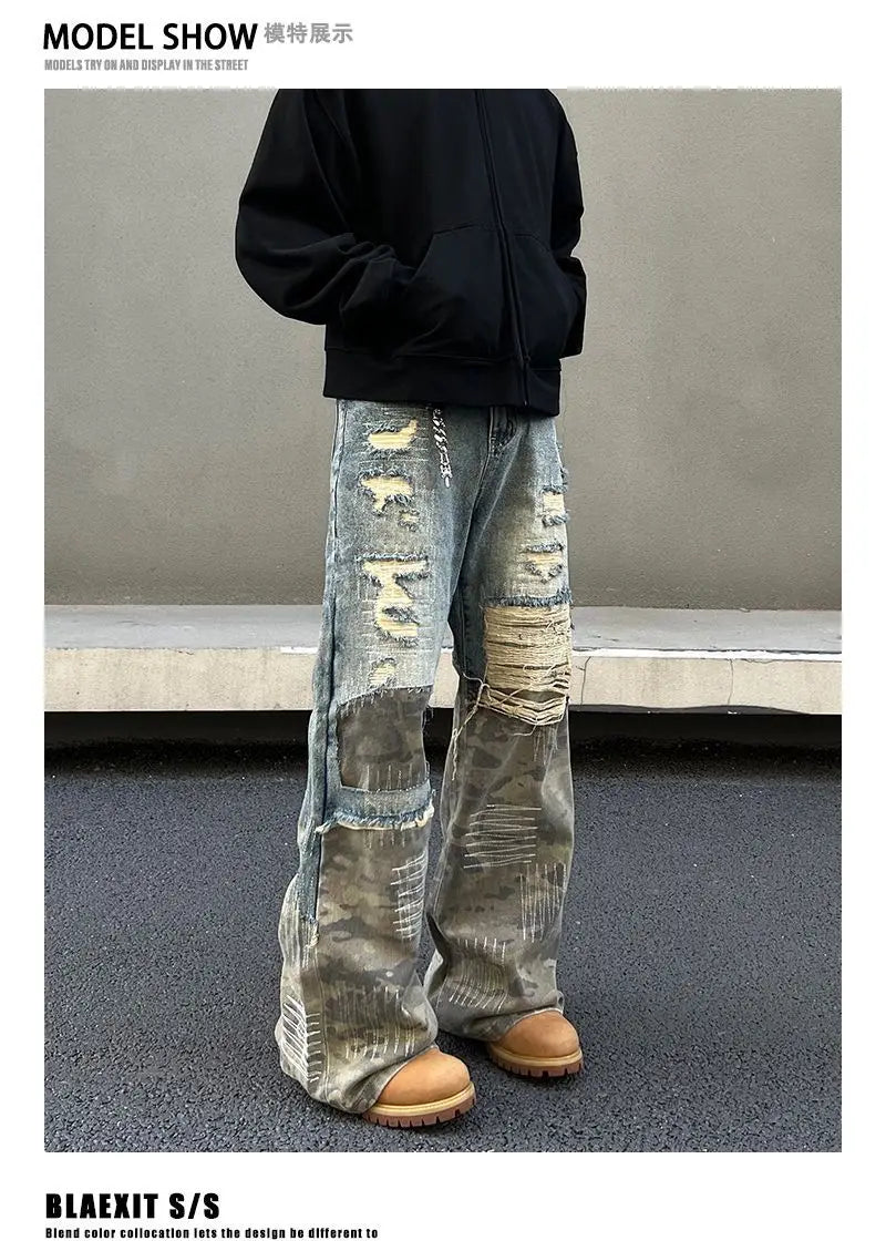 Threebooy American high street men and women trendy washed straight leg jeans for couples loose retro spring and autumn casual pants y2k