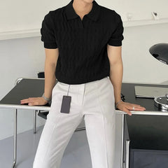 Threebooy  Summer Clothing Men's Luxury Knitted Jacquard Skinny Polo Shirt Korean Popular Breathable Leisure V Neck Short Sleeve Knitwear