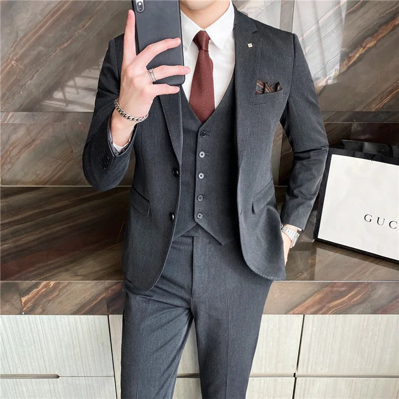 Threebooy  Men's Korean Slim Fit 3-Piece Suit Double Breasted 5XL Business Formal Wedding Groom Best Man Career Office Outfit
