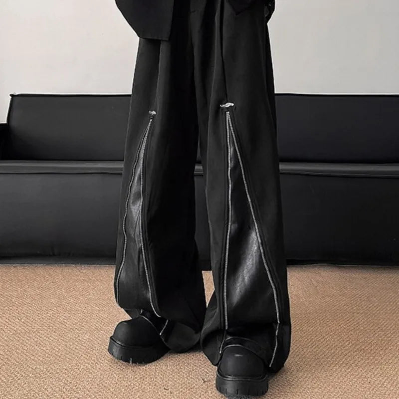 Threebooy NEW PU Leather Patchwork Wide Leg Pants Men Zipper Hip Hop Fashion Harajuku High Street Loose Casual Pants Ropa Hombre