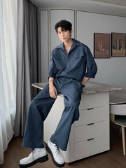 Threebooy Men's Shirt Pants Set High-end Shirt Suit Trendy Spring Handsome Long-sleeved Top Loose Straight Trousers Two-piece Set