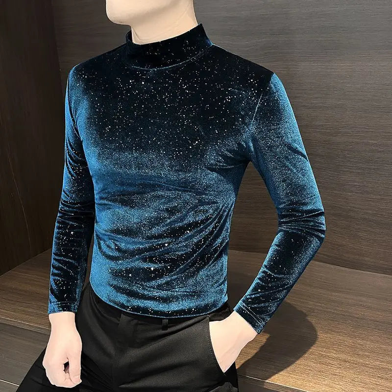 Threebooy  Men's Velvet Long Sleeve T Shirt New Style Autumn Winter Half High Collar Top All Over Star Pattern