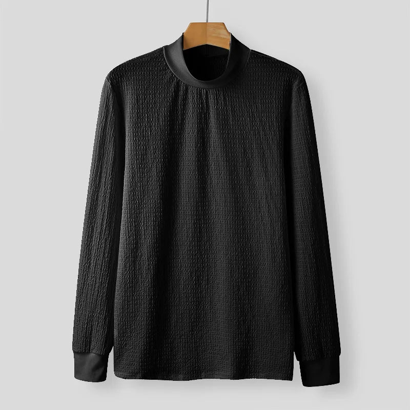 Threebooy  Fall Men's Light Luxury Casual Knitted T Shirt Long Sleeve Mock Neck Solid Color Basic Shirt Streetwear Retro Popular Tees S-3XL
