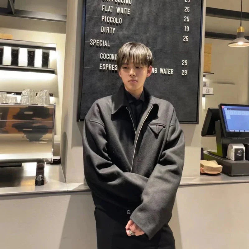 Threebooy Short Lapel Jacket Men's Spring Autumn Vintage Handsome High Street Jacket Men Women's Versatile Preppy Zipper Up Coat