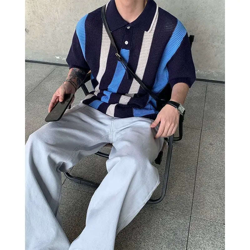 Threebooy Summer Hip Hop Men and Women Trendy Personalized Hollow Stripe Color blocked Knitted Polo Shirt Korean Casual Short Sleeve y2k