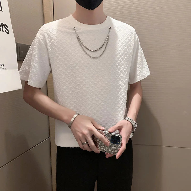 Threebooy Summer Men's Solid Color Round Neck T-shirts Necklace Decorate Bottomed Shirt Short Sleeve Tshirts White/black T Shirts