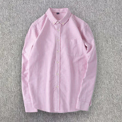 Threebooy  Spring Men Oxford Cotton Shirt Casual Loose Long Sleeve Button Down Shirt Man Simple Collar Stripe Shirt Tops High Quality