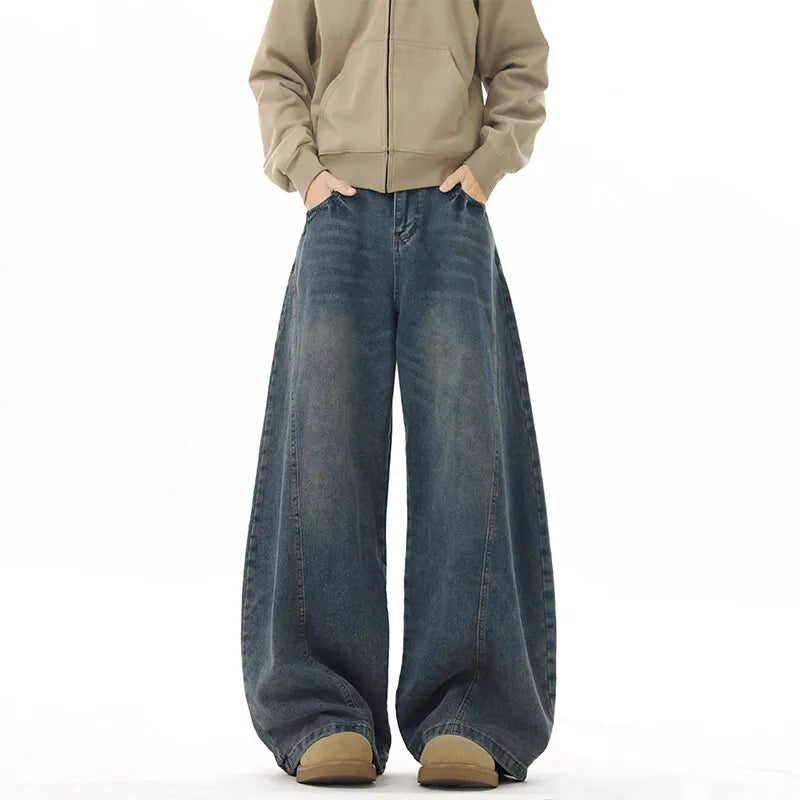 Threebooy  Wide Leg Jeans Men Denim Dark Blue Floor Sweeping Baggy Trousers Street Dance Hip Hop Unisex Urban Fashion Urban Streetwear