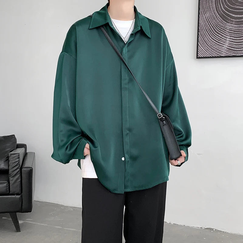 Threebooy Korean Fashion Ice Silk Shirts for Men Spring Summer Solid Color Long Sleeve Casual Loose Comfortable Button Up Shirt 5XL-M