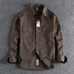 Threebooy  British Style Retro Long Sleeve Shirt Coat Men Spring  Autumn Twill Cotton Versatile Solid Color Male Cargo Work Shirts