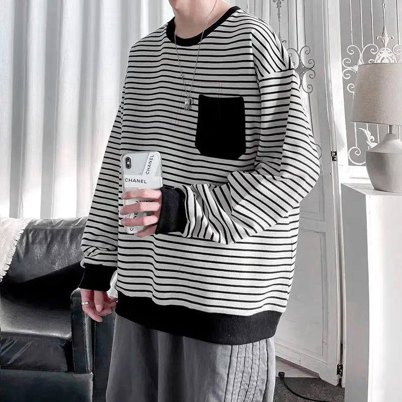 Threebooy Men Trendy Striped Patchwork Streetwear Y2K Oversize Basic T-shirt Japanese Style Round Neck Long Sleeve Cotton Tops Ropa Hombre